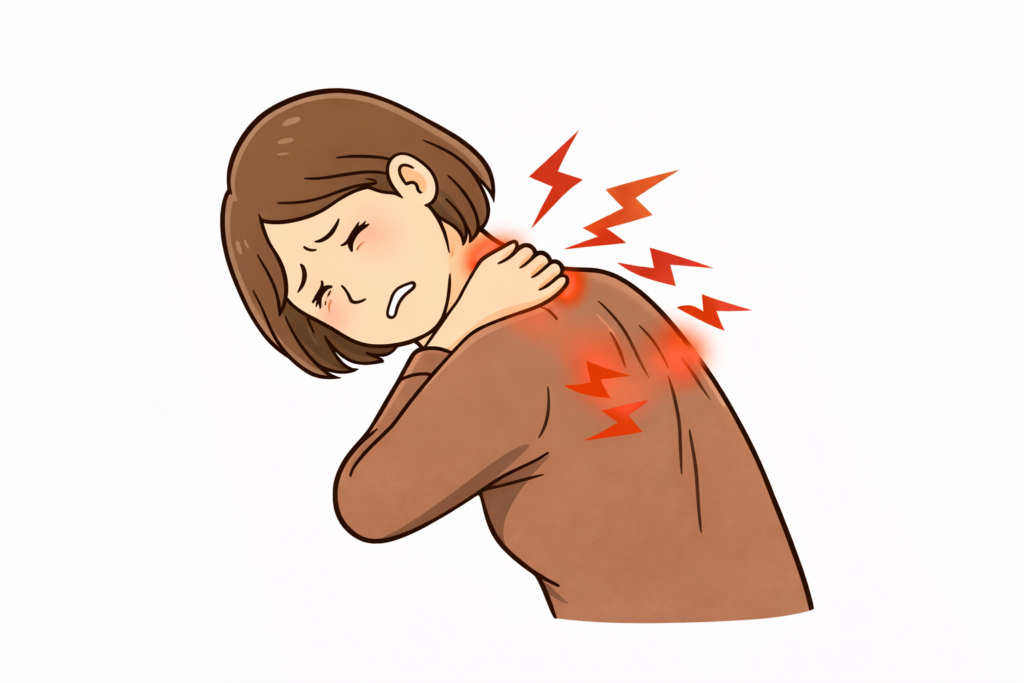 寝違え。首から背中・肩甲骨の周りまでつらいタイプ。